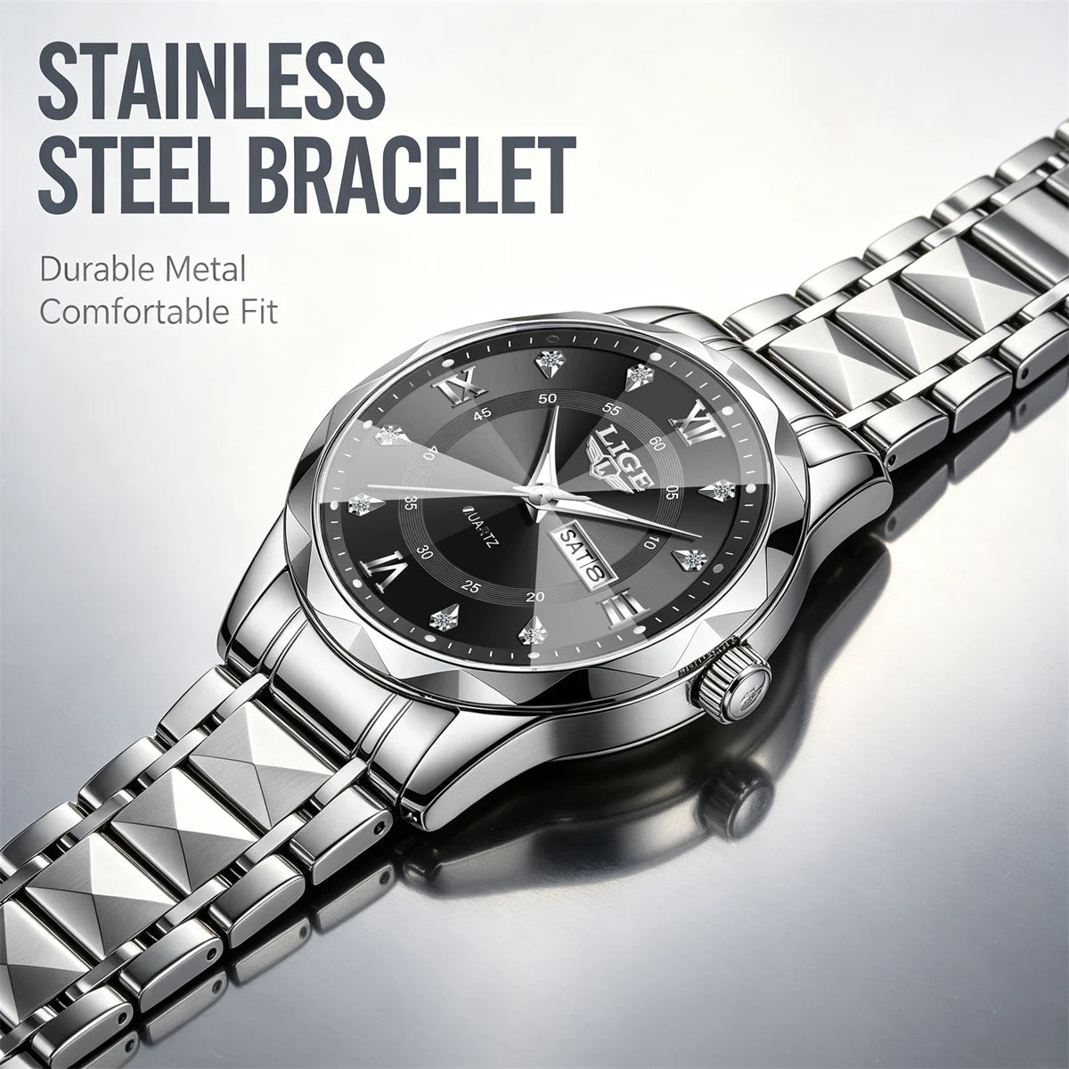 Reloj de pulsera LIGE para hombre, marca de lujo, resistente al agua, luminoso, con fecha y día, de cuarzo y acero inoxidable.