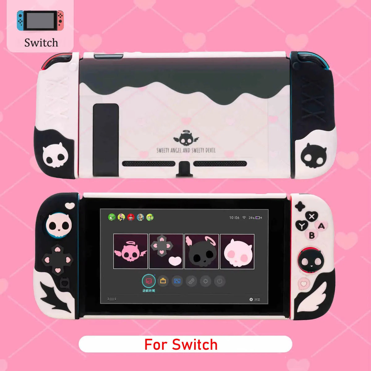 Sweety Angel Devil funda trasera dura Protector de carcasa para Nintendo Switch 2/NS Oled Thumb Stick Grip Cap botones cubierta completa de silicona
