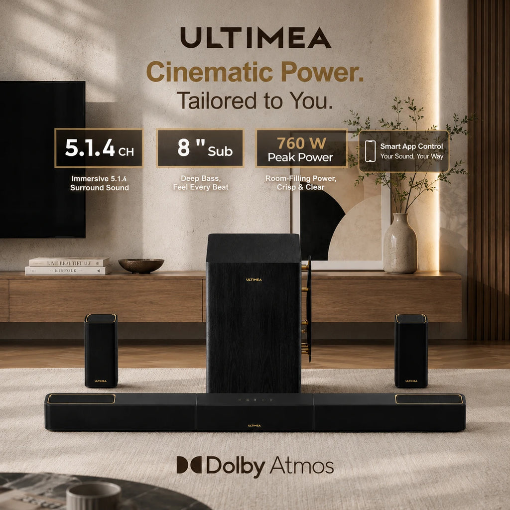 Barra de Sonido Profesional ULTIMEA Serie Skywave 5.1.4 Canales con Dolby Atmos, Sistema de Sonido Envolvente con Subwoofer de 8 Pulgadas y 2 Altavoces Traseros