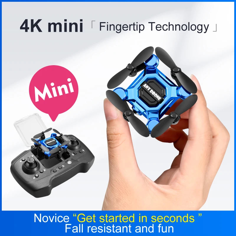 Dron mini plegable azul con cámara y control remoto negro, 4K