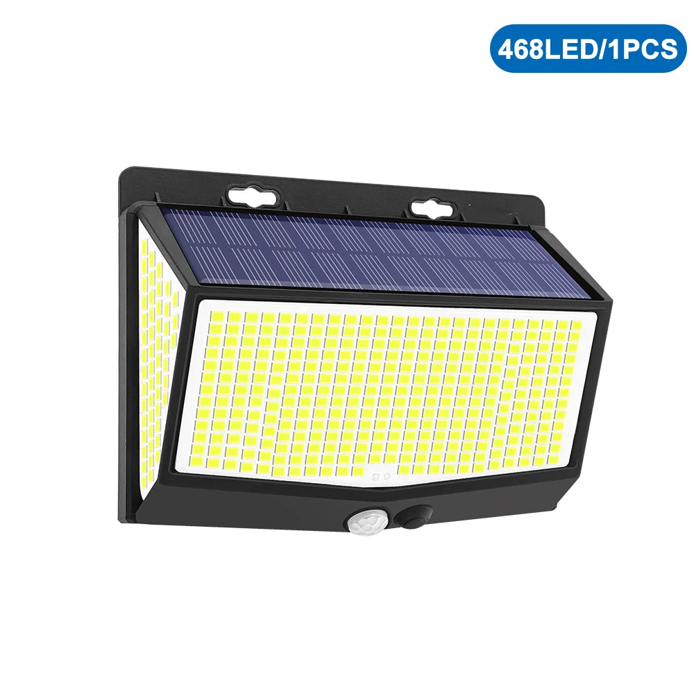 Luz solar para exteriores 468/208/138 LED, luz solar de seguridad para exteriores, lámpara de pared LED solar impermeable para jardín, patio y valla.