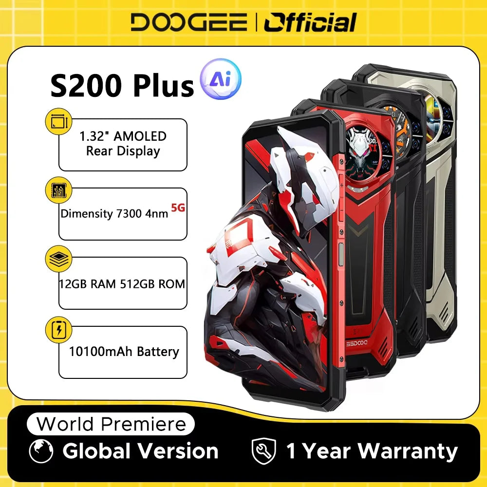 Estreno mundial del teléfono inteligente ultra resistente DOOGEE S200 Plus 5G con IA, Dimensity 7300, pantalla trasera de 1,32", 12+512 GB, pantalla de 6,72" y batería de 10100 mAh