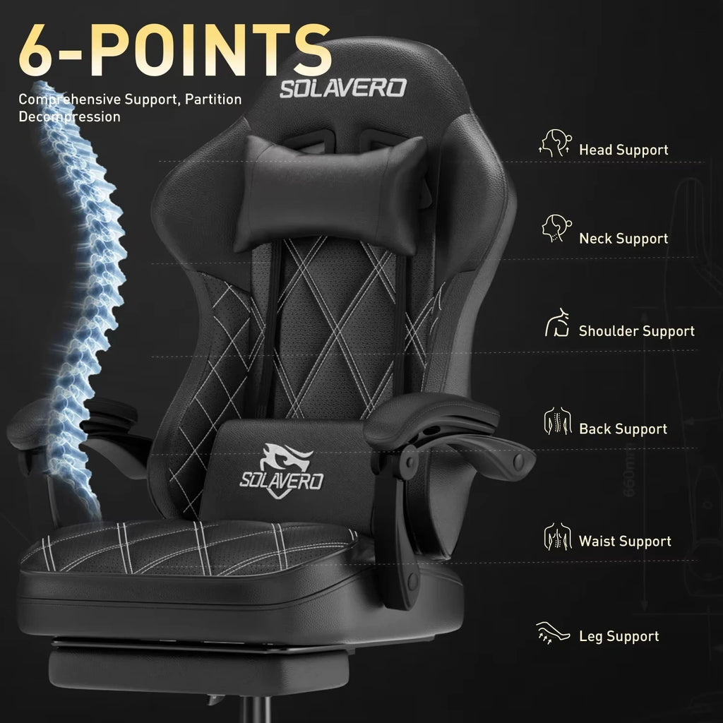 Silla gaming negra con acolchado y cojín lumbar, reposacabezas y apoyabrazos
