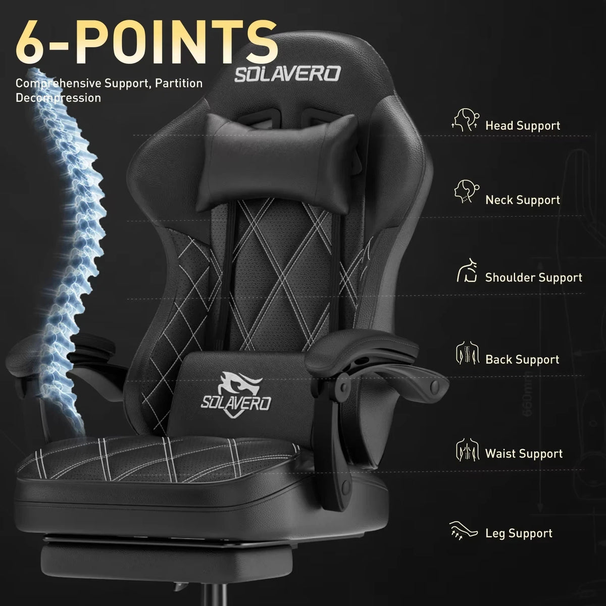 Silla gaming negra con acolchado y cojín lumbar, reposacabezas y apoyabrazos