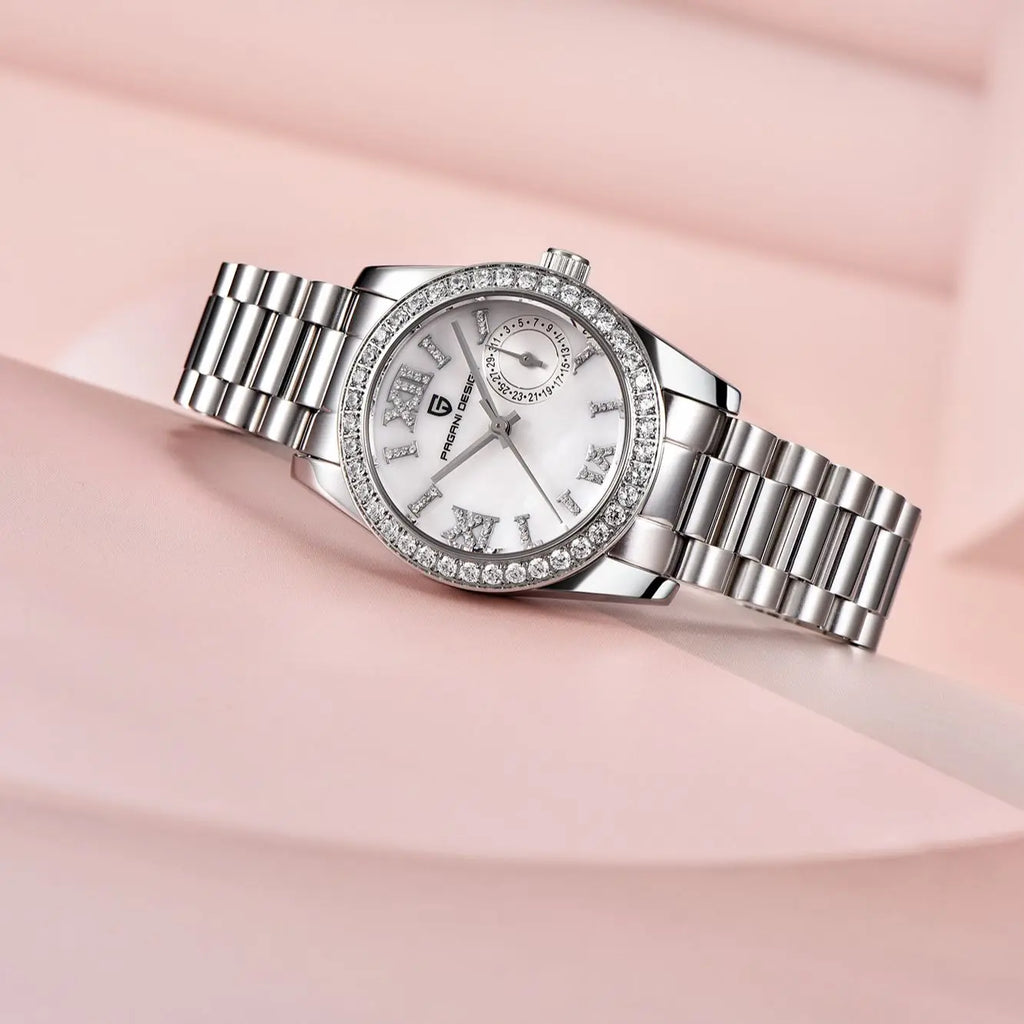 2024 Reloj de cuarzo elegante para mujer PAGANI DESIGN, 32 mm, con diamantes, cristal de zafiro, acero inoxidable, pequeño y exquisito