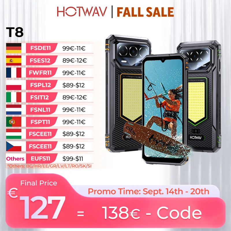 Smartphone HOTWAV T8 6.75'' 120Hz IP68 & IP69K con luz de acampada, cámara trasera de 20MP, NFC, procesador Octa-core, batería de 6200mAh, carga rápida de 20W, 4GB de RAM, 64GB de ROM, IA y Android 16