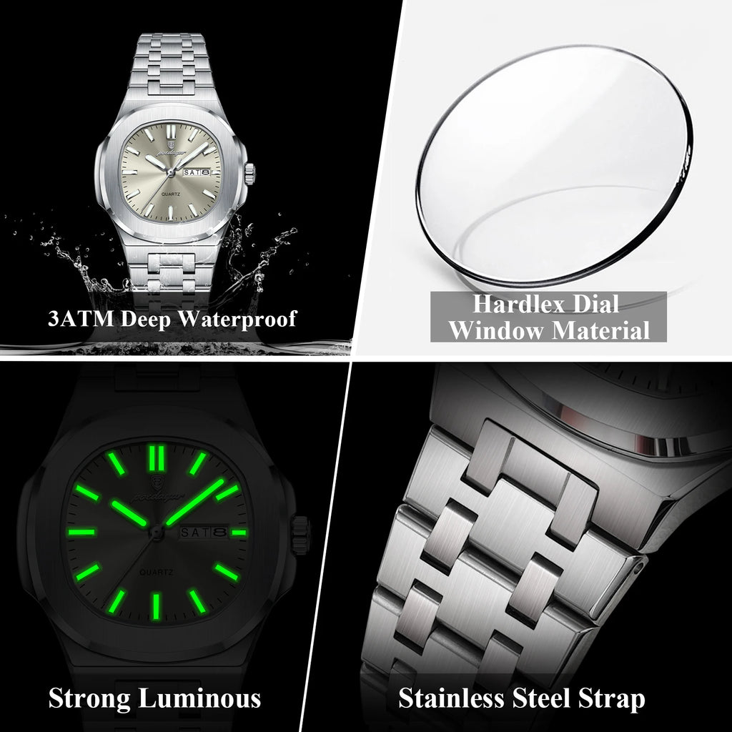 Reloj de pulsera de moda POEDAGAR para mujer, luminoso, resistente al agua, con fecha y día, de cuarzo, elegante, de acero inoxidable, reloj para mujer, regalo