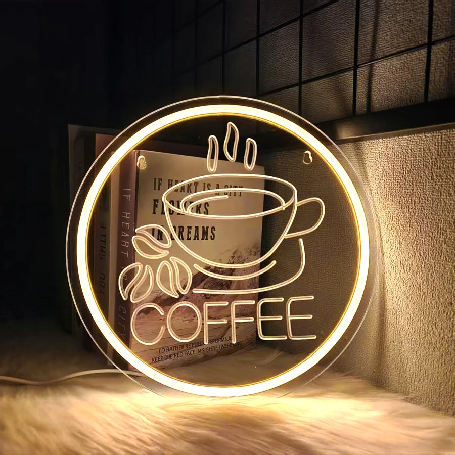 Letrero neón LED redondo con taza y texto “COFFEE”, borde iluminado en cálido.