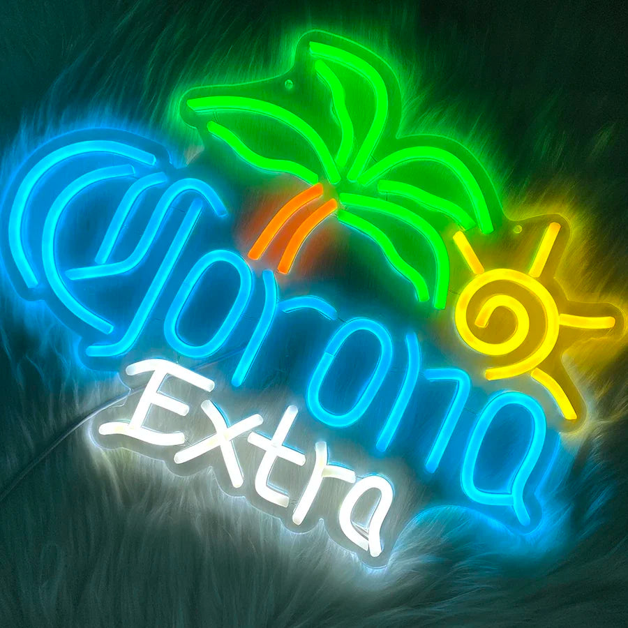 Letrero de neón Corona Extra con palmera verde, sol amarillo, letras azules y Extra blanco