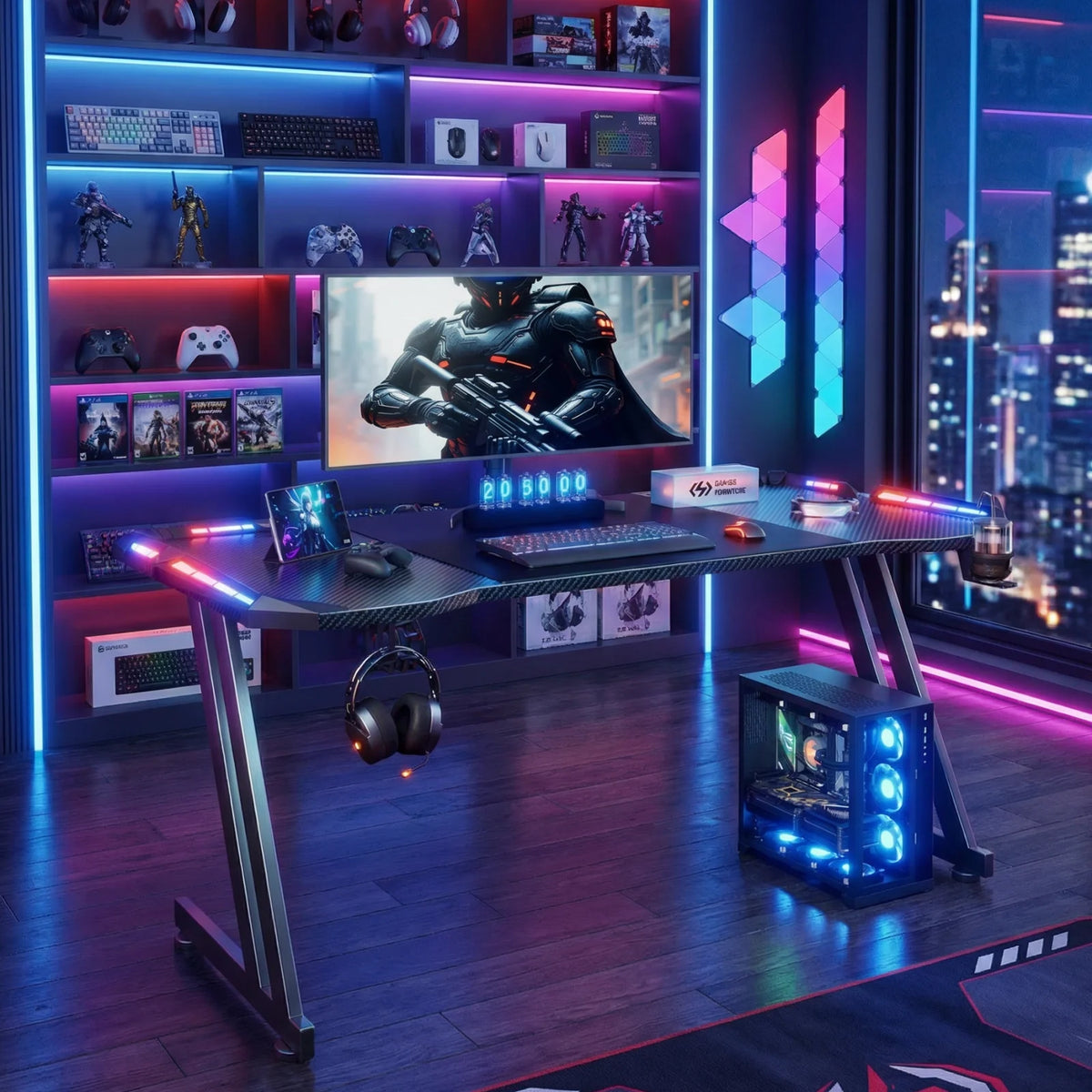 Escritorio gaming en Z con luces LED, panel lateral de accesorios y base para torre