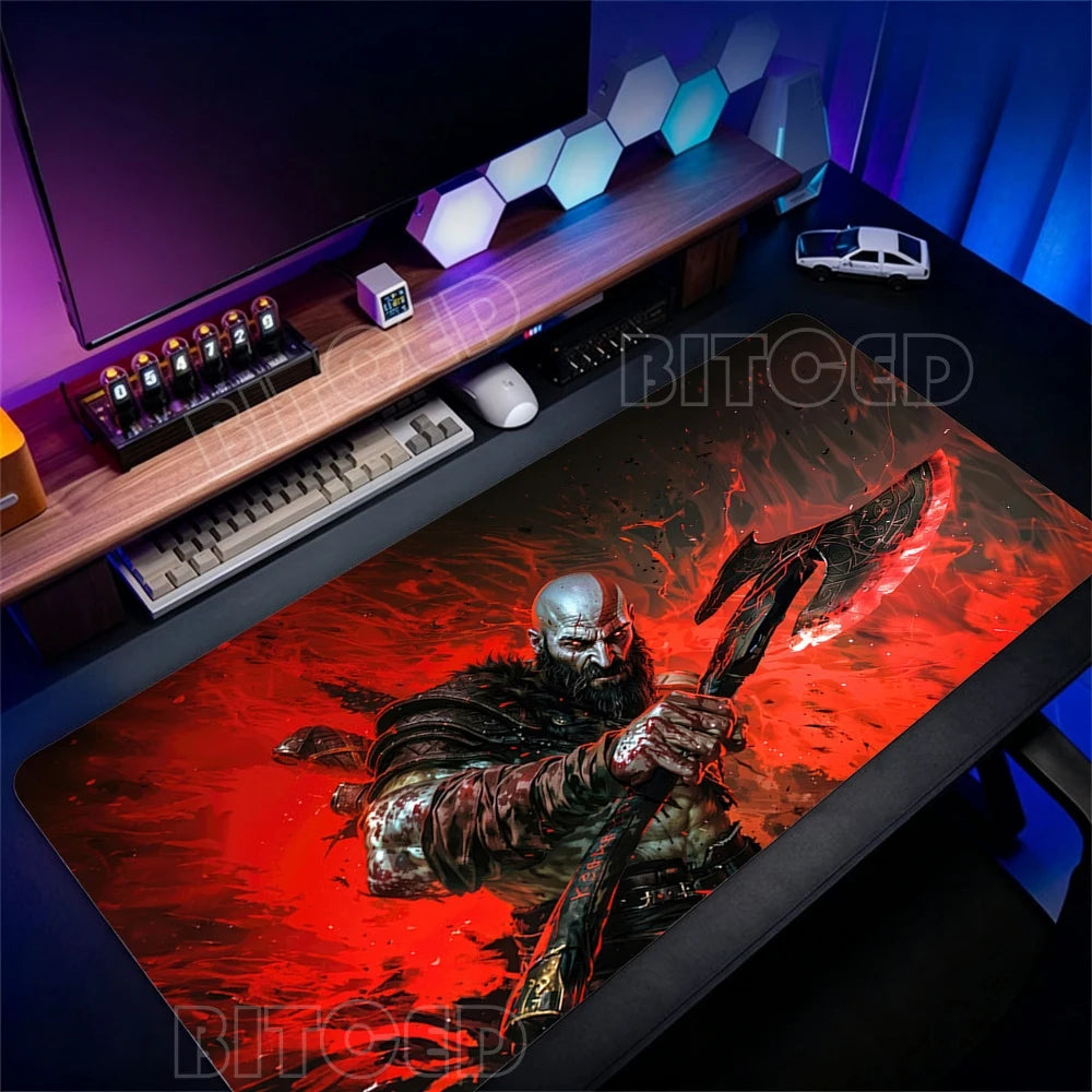 Alfombrilla de escritorio para teclado de ordenador, diseño de God of War Kratos, alfombrilla de ratón gaming grande, caucho natural, bordes cosidos, base antideslizante, alfombrilla de escritorio.