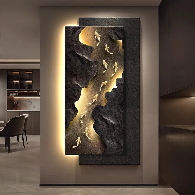 Lámpara de pared LED con cuadro rectangular de peces koi dorados sobre fondo negro