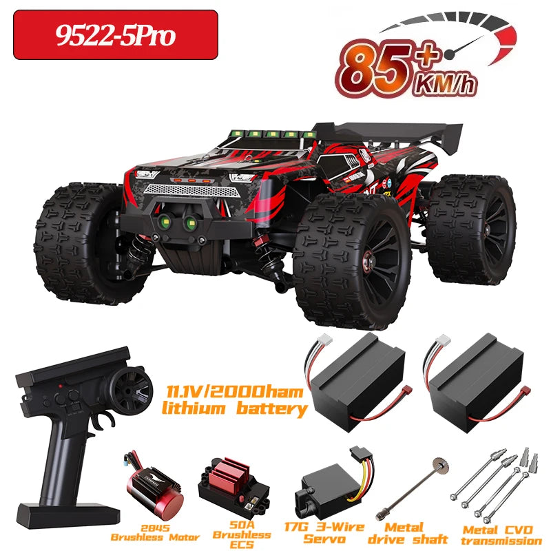 Coche RC 4x4 sin escobillas todoterreno rojo y negro, con batería y mando a distancia