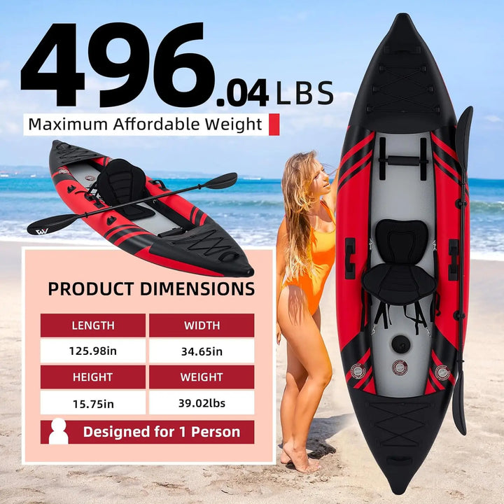 Kayak Inflable Compacto Individual con Suelo de Tecnología Drop Stitch, Asiento Ergonómico, Bote Ligero para Navegación Personal