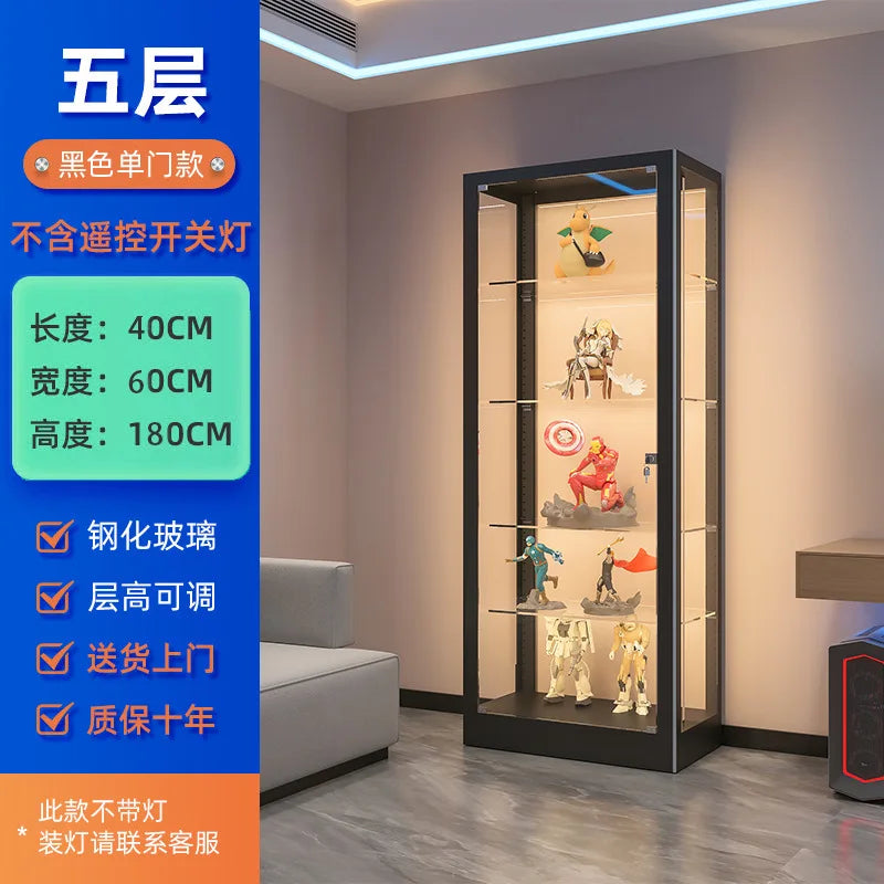 Vitrina de figuras con puerta de vidrio y luz LED, estructura negra, estantes interiores