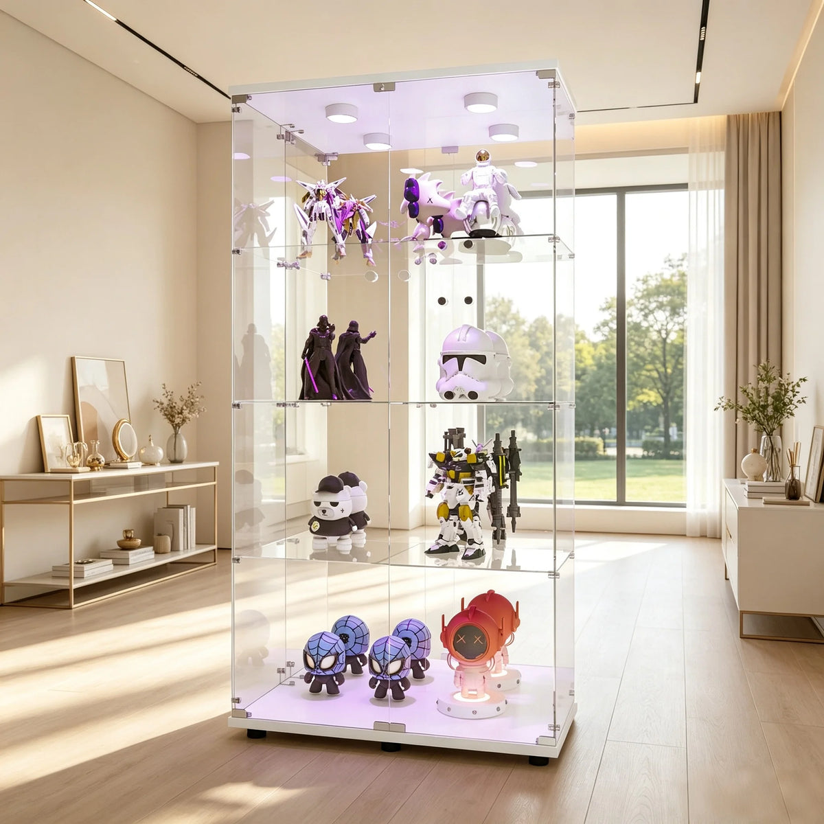 Vitrina de cristal de 4 niveles con luces LED, gabinete expositor de doble puerta para objetos de colección, decoración para sala de estar y hogar