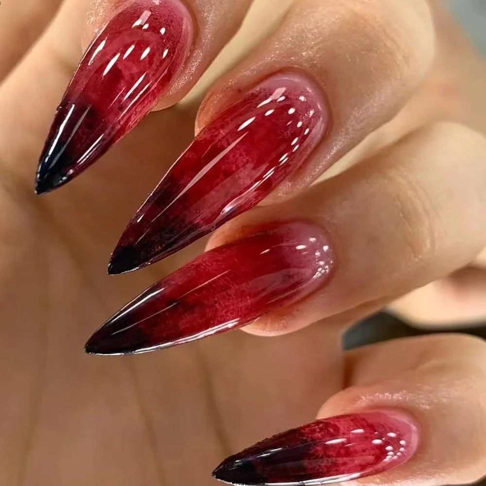 24 Uds uñas postizas de color rojo sangre gradiente parche de uñas postizas de punta larga cubierta completa puntas de uñas postizas usables juegos de manicura de Halloween