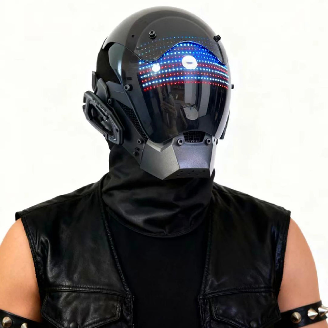 Máscara de casco LED de estilo cyberpunk con pantalla integrada, controlable mediante aplicación, diseño tecnológico de cobertura total para Halloween, fiestas de disfraces, festivales de música.