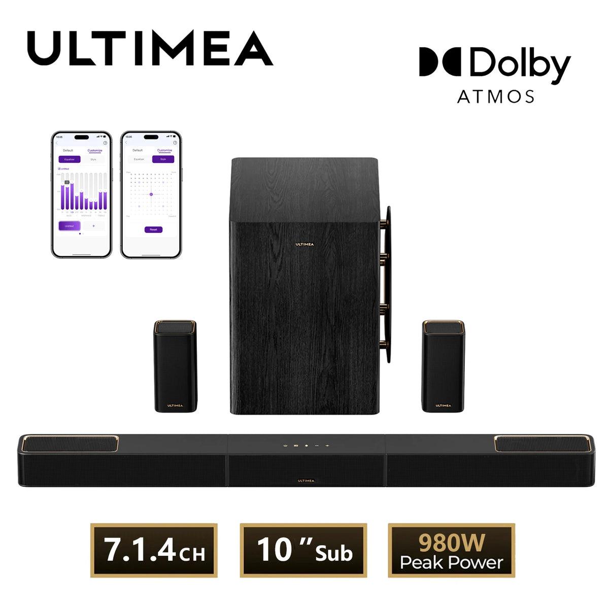 Barra de sonido con subwoofer inalámbrico y 2 altavoces satélite, acabado negro