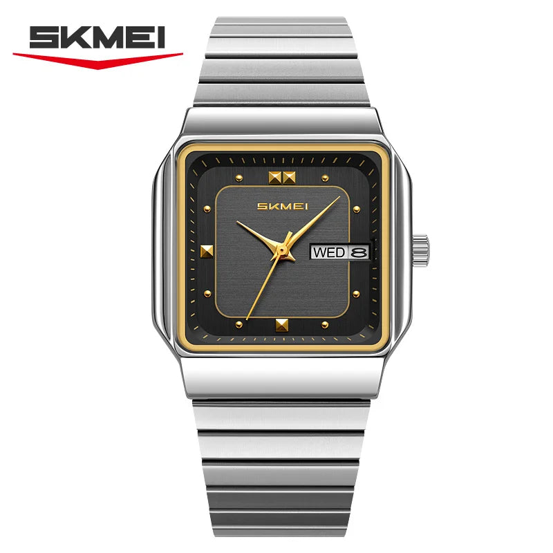 SKMEI 9414 Reloj de cuarzo para hombre con esfera cuadrada sencilla, calendario, semana y correa de acero inoxidable, reloj de negocios impermeable para hombre