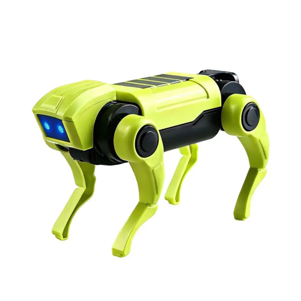 Perro robótico mecánico verde, vista frontal con ojos LED azules