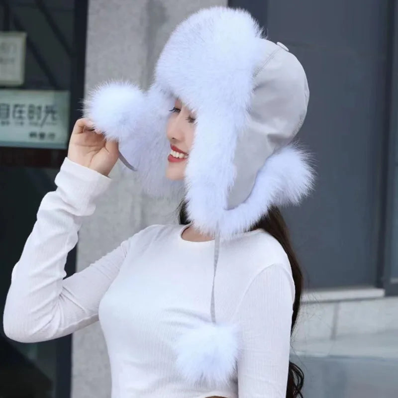 Gorro de piel de zorro auténtica para mujer, moda de invierno, gorros cálidos de Lei Feng, gorros de esquí al aire libre rusos, gorro de piel Natural, gorro de piel gruesa peluda