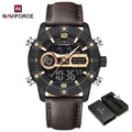 Reloj impermeable NAVIFORCE NF9263 con pantalla luminosa, correa de cuero auténtico, cronógrafo multifunción, temporizador de cuenta regresiva y alarma NF9263