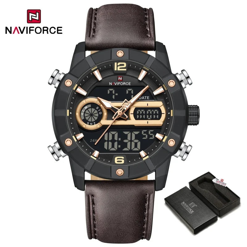 Reloj impermeable NAVIFORCE NF9263 con pantalla luminosa, correa de cuero auténtico, cronógrafo multifunción, temporizador de cuenta regresiva y alarma NF9263