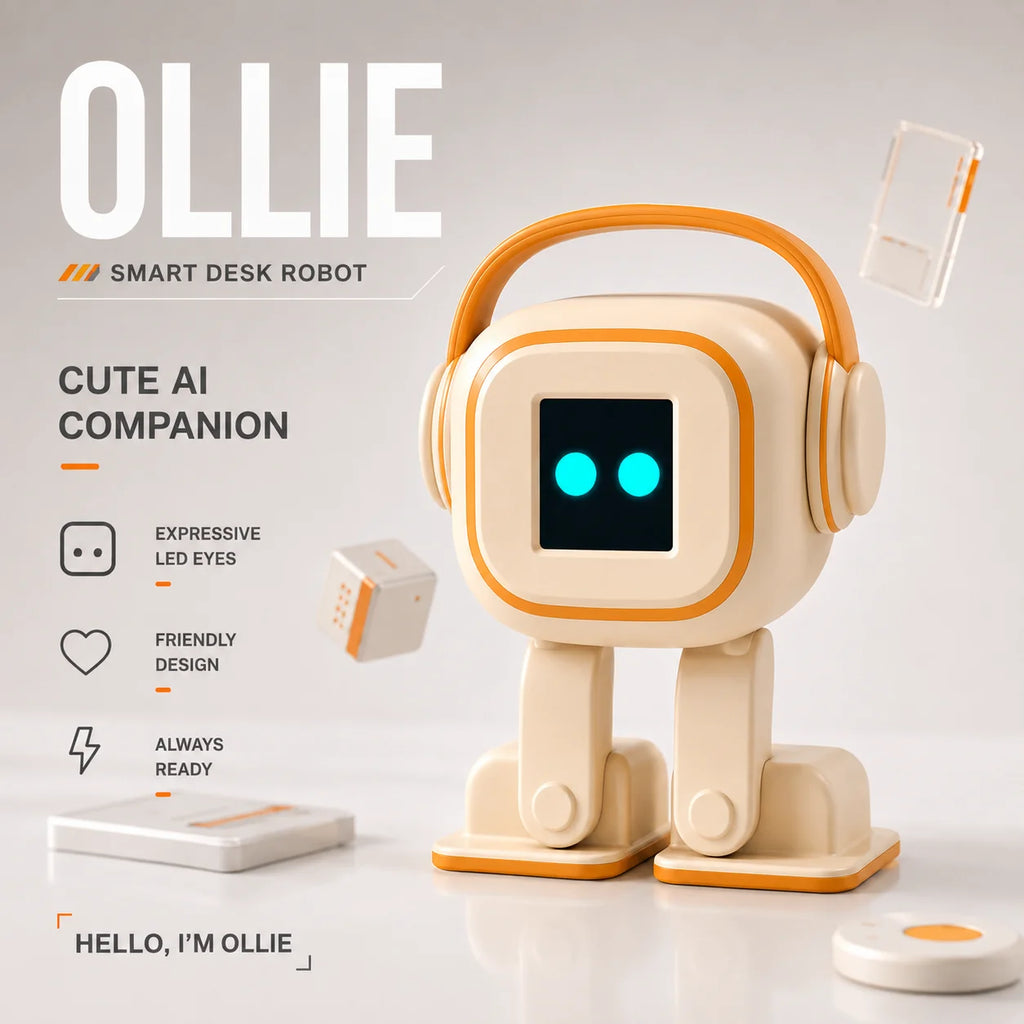 Robot de escritorio con auriculares, base y pantalla azul con dos luces, color crema y naranja.