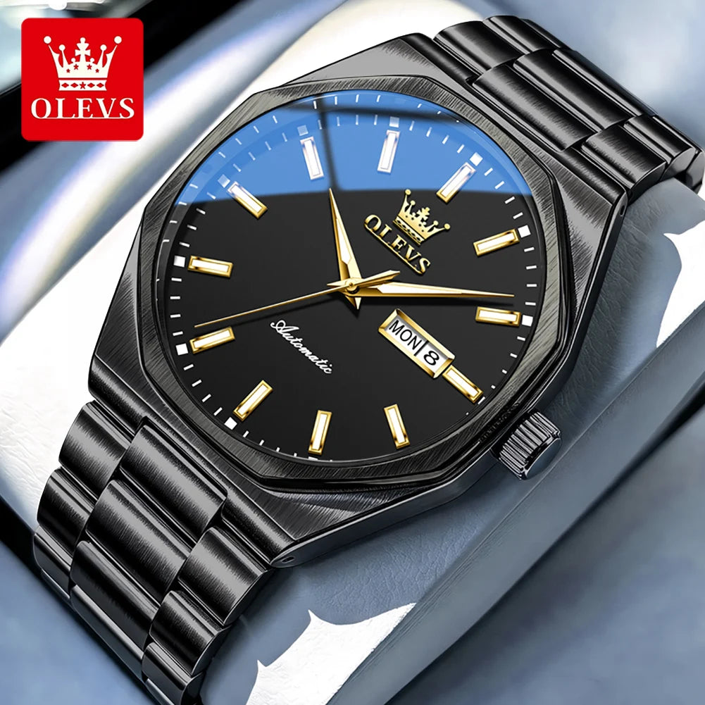 Reloj OLEVS 6786 para hombre, movimiento mecánico, diseño de sección transversal 3D, luz nocturna, ventana de calendario, día de la semana, correa de acero