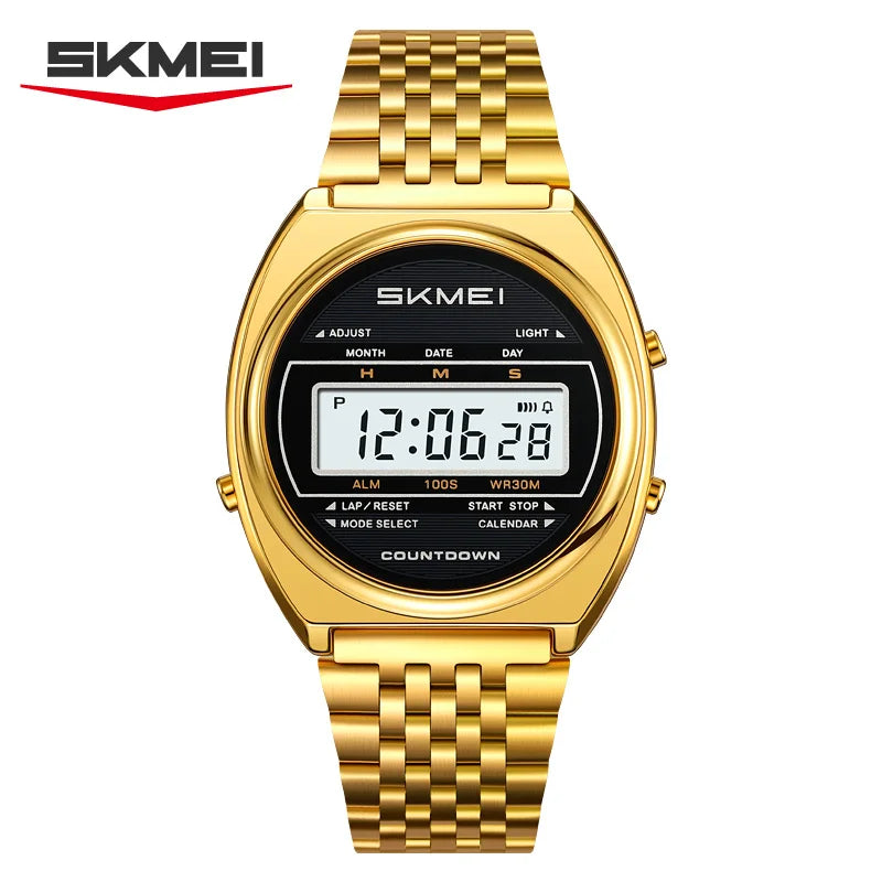 Reloj digital de lujo SKMEI 2653 para hombre, acero inoxidable, resistente al agua, cronómetro, temporizador de cuenta regresiva, luz EL, resistente a los golpes