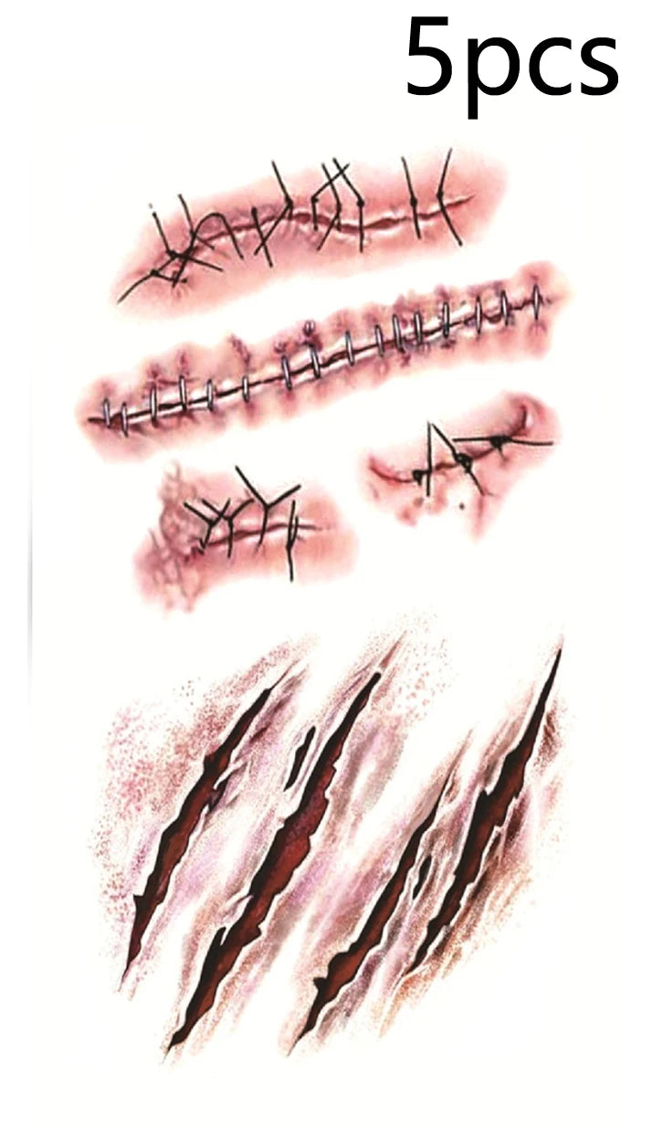 5/10 Uds. Pegatinas de tatuaje temporal de cicatriz de Halloween, tatuaje facial de coágulo de sangre roja, regalos de Cosplay impermeables para hombres y mujeres, decoración de fiesta