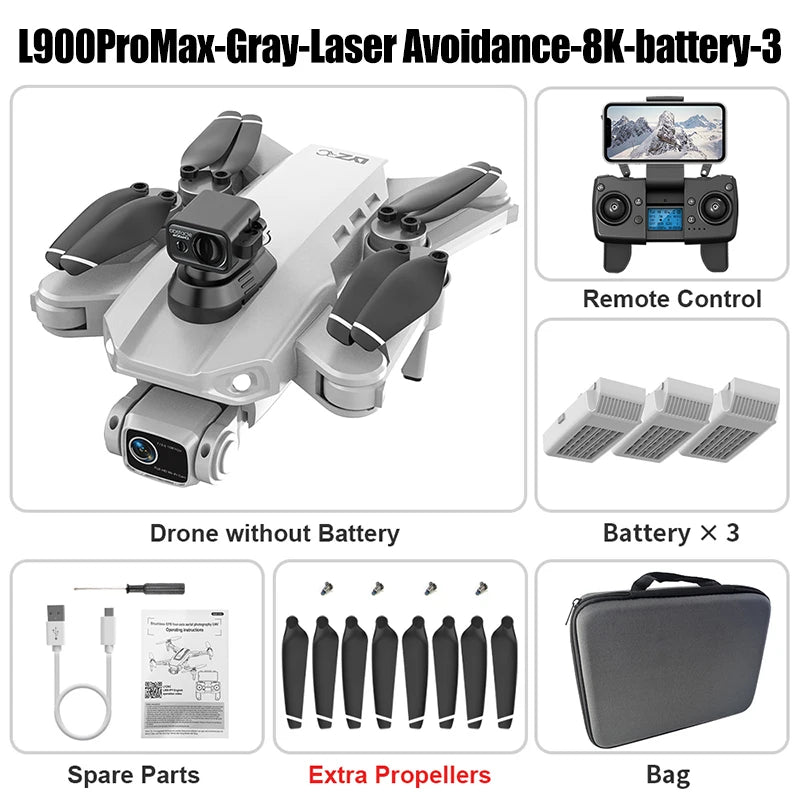 Dron GPS plegable gris con cámara y control remoto; incluye 3 baterías y hélices extra