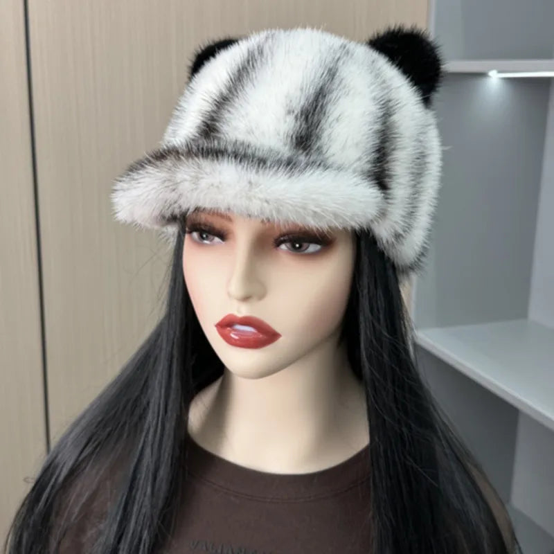 Gorro de piel de visón auténtica para invierno, gorro grueso y cálido con orejas de Panda, sombreros de caballero a la moda para mujer, sombrero de pico de pato de lujo, sombreros de piel de visón Natural