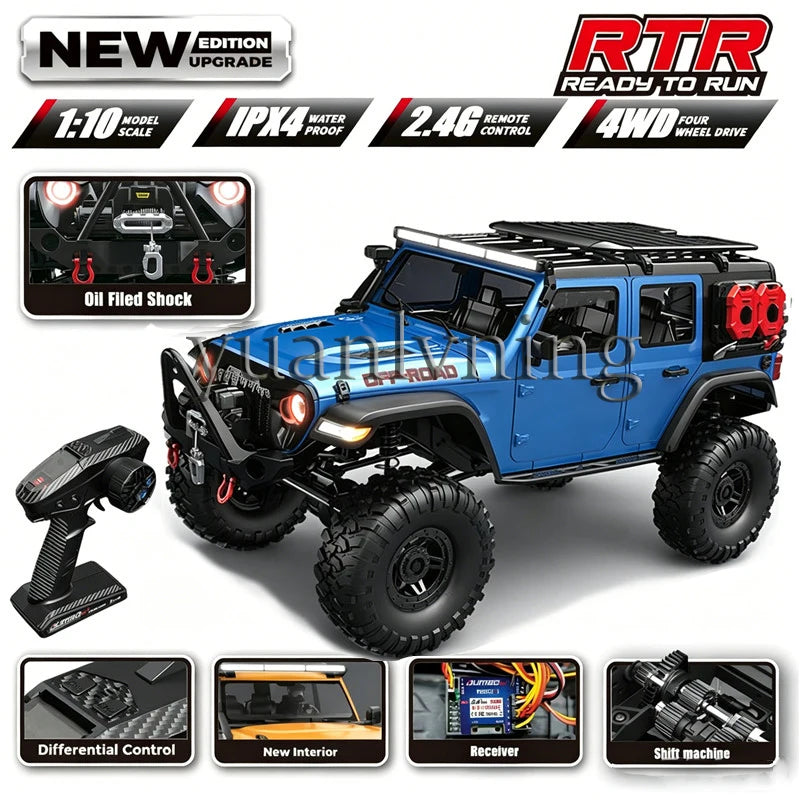 Coche RC 1/10 vehículo a control remoto 2.4G rock crawler de escala completa, camión todoterreno 4WD para escalar con luz LED