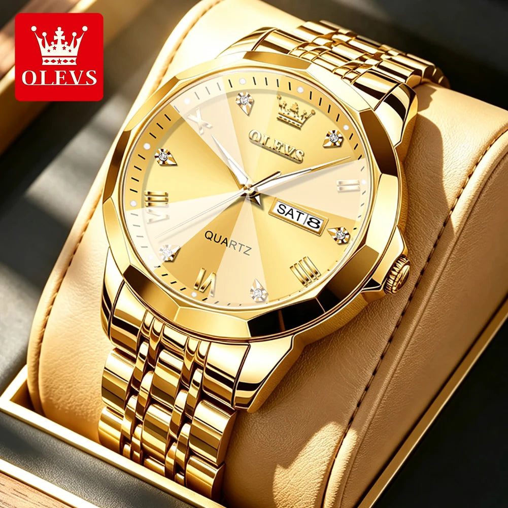 Reloj OLEVS 9931 de gran venta para hombre, moda, espejo de rombo, correa de acero sólido, fecha, resistente al agua, luminoso, reloj de cuarzo original para hombre