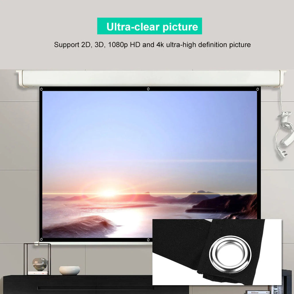 Pantalla de proyector enrollable con marco blanco y tela blanca con ojetes metálicos