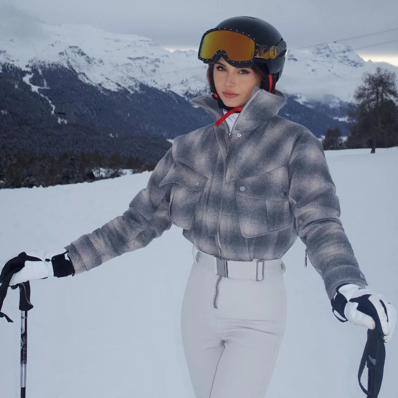 Traje de esquí de una pieza para mujer, cuello alto, cortavientos, con cremallera, cinturón, cintura alta, ajuste delgado, mono de nieve, novedad de invierno