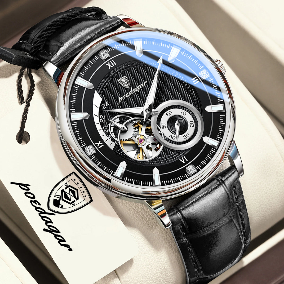 Reloj POEDAGAR de moda para hombre, luminoso, resistente al agua, con tourbillon hueco, correa de piel, reloj mecánico automático deportivo para caballero