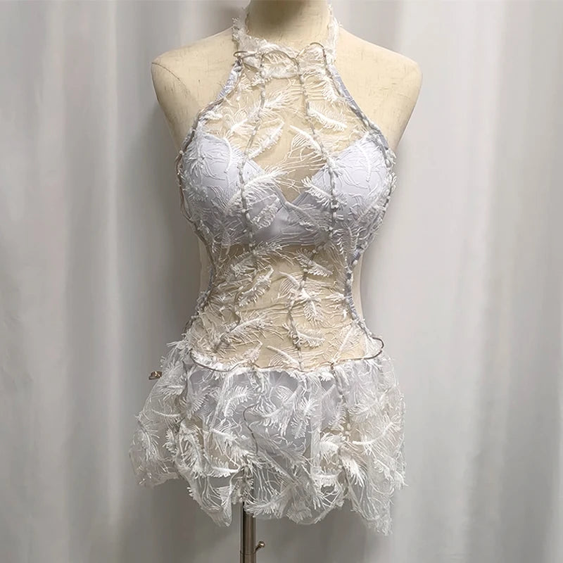 Vestido de encaje con plumas y luces LED de colores para mujer, vestido luminoso para discotecas, bares, piscinas, bailes y actuaciones.
