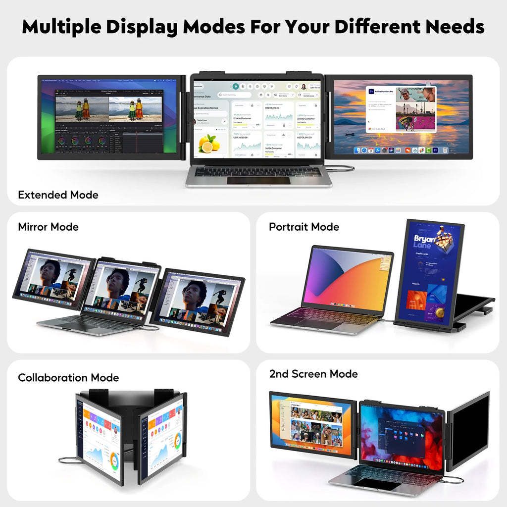 Monitor triple para portátiles Amoudo de 14 pulgadas, 1920*1080P, 60HZ, IPS, portátil, con puerto USB-C para portátiles de 14 a 16.5" Windows/Mac, monitor móvil para Xbox, monitor portátil