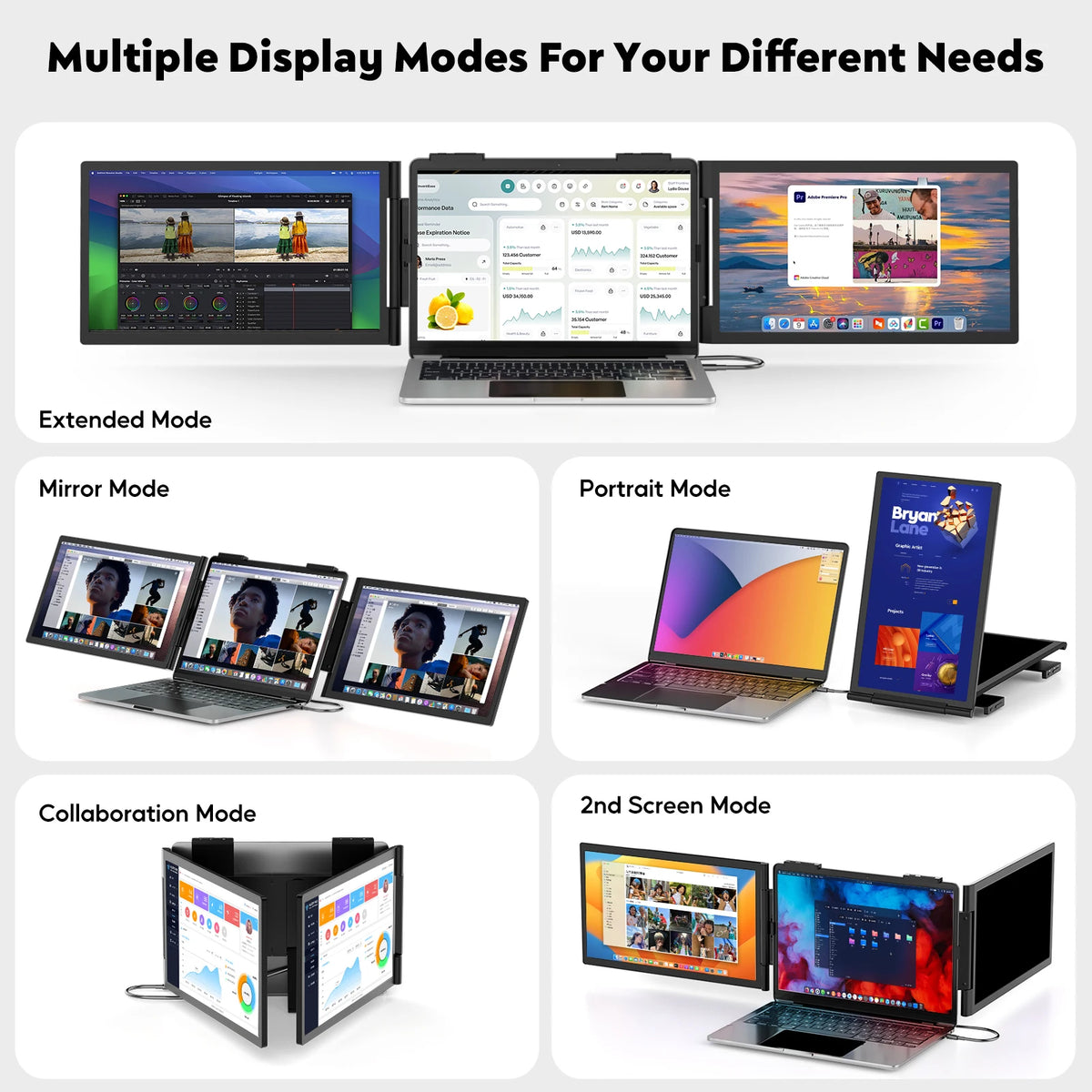 Monitor triple para portátiles Amoudo de 14 pulgadas, 1920*1080P, 60HZ, IPS, portátil, con puerto USB-C para portátiles de 14 a 16.5" Windows/Mac, monitor móvil para Xbox, monitor portátil
