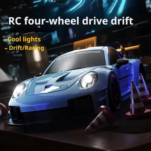 Coche RC derrape azul con luces y tracción cuatro ruedas