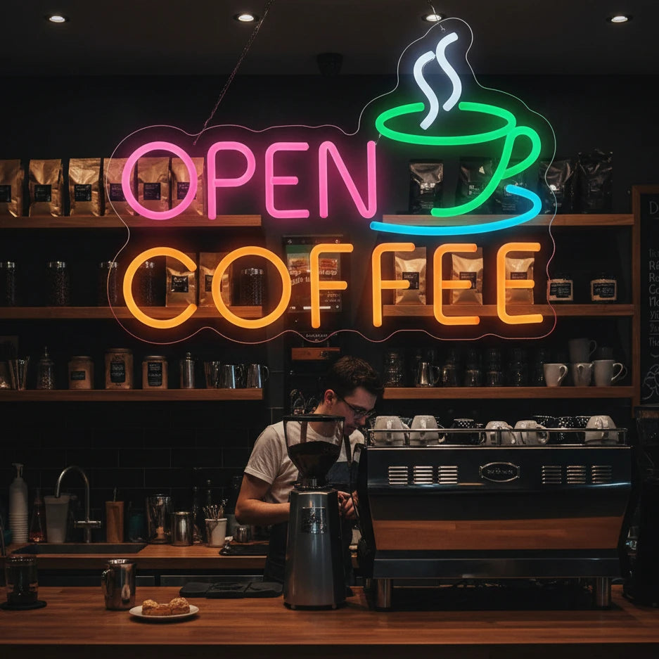 Cartel de neón «OPEN COFFEE» con taza de café en colores rosa, verde y naranja