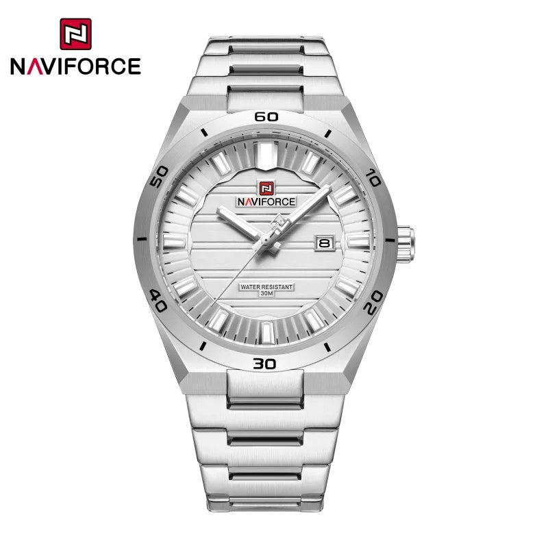 Reloj de pulsera para hombre NAVIFORCE NF9268 de acero inoxidable, resistente al agua 3ATM, diseño sencillo y moderno con manecillas luminosas y calendario.