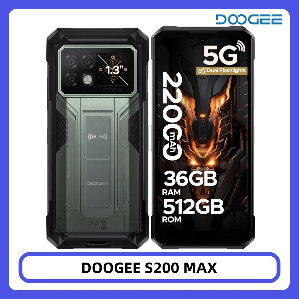 Teléfono resistente DOOGEE S200 Max 36GB+512GB 22000mAh 66W Linterna LED dual Pantalla trasera de 1.32" Dimensity 7050 Cámara de 108MP NFC