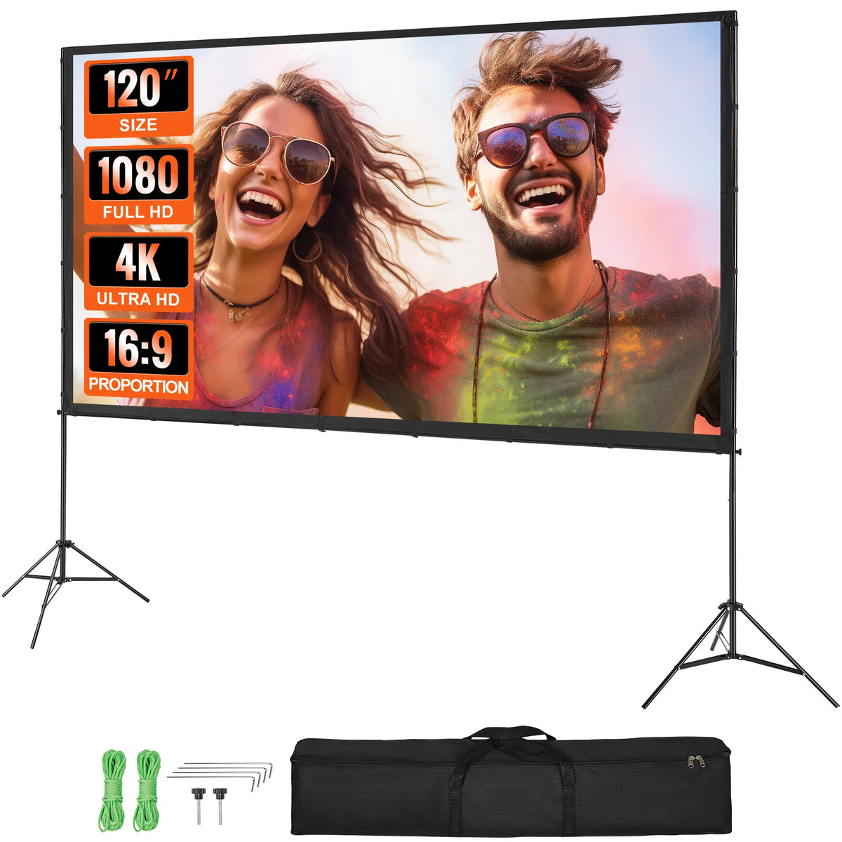 Pantalla de proyección portátil con soporte y trípodes, lista para usar