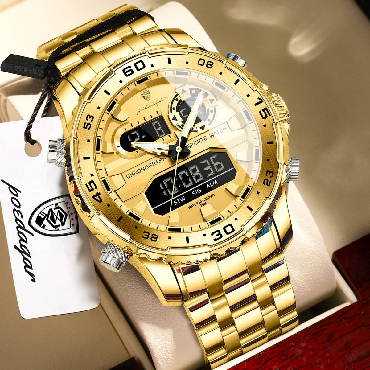Reloj de pulsera electrónico de moda para hombre POEDAGAR, con semana, fecha, LED luminoso, pantalla de doble hora, relojes digitales de cuarzo para hombre