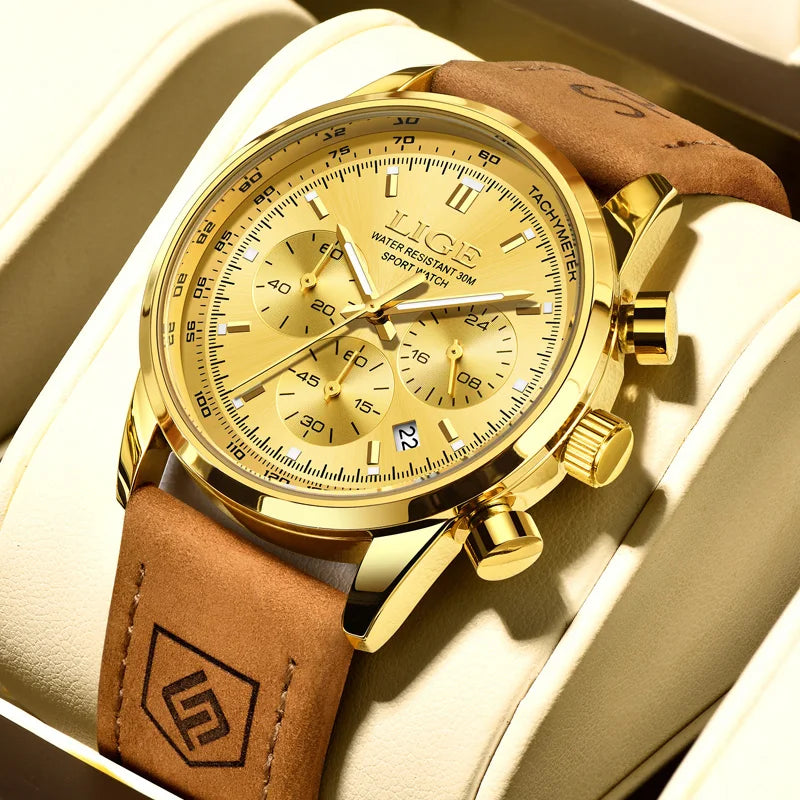 Reloj LIGE de lujo para hombre, cronógrafo de alta calidad, resistente al agua, luminoso, reloj de pulsera de cuarzo con correa de piel, estilo casual