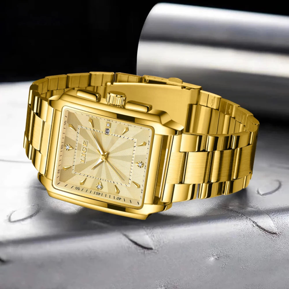 Reloj de pulsera LIGE de lujo para hombre, resistente al agua, luminoso, con fecha, de acero inoxidable, reloj cuadrado deportivo para hombre, reloj de cuarzo casual